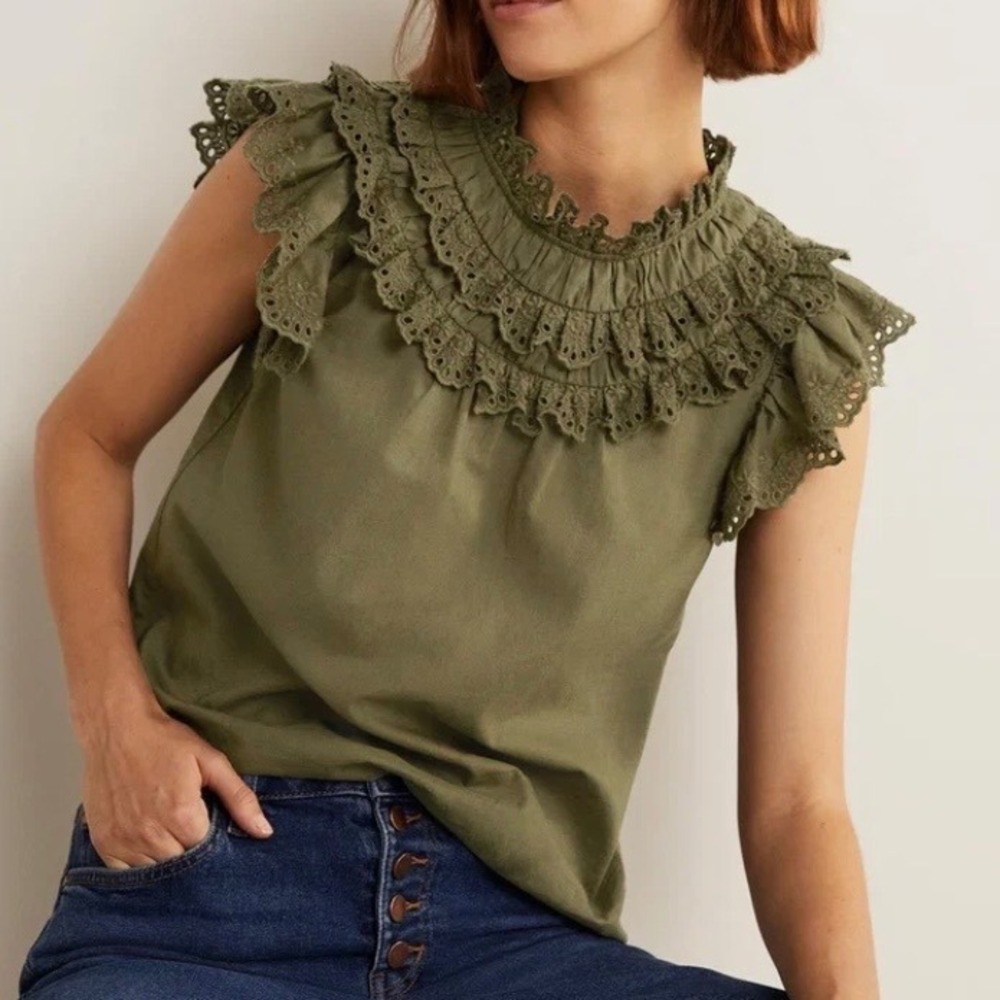 Boden Olive Green Eyelet Ruffle High Neck Sleeveless Cotton Blouse Top - Picture 1 of 12